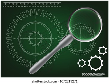 3d model of a cogwheel on a green background. Drawing