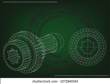3d model of a cogwheel on a green background. Drawing