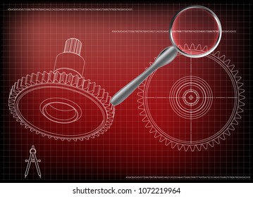 3d model of a cogwheel on a red background. Drawing