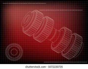 3d model of a cogwheel on a red background. Drawing