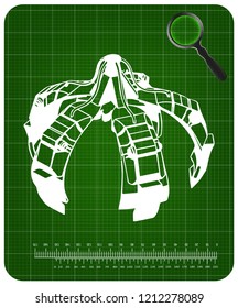 3d model of crane hand on a green background. Drawing