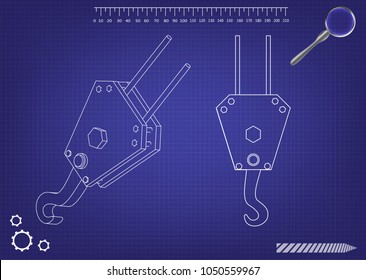 3d Model Of A Crane Hook On A Blue Background. Drawing