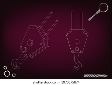 3d model of a crane hook on a burgundy background. Drawing