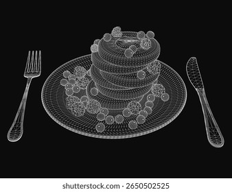 A 3D model of a delicious cake sits on a plate with a fork and knife, ready to be served. The black background highlights the dessert's texture and details. Perfect for bakery ads, food blogs.