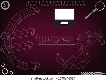 3d model of a dollar and euro on a burgundy background. Infographics