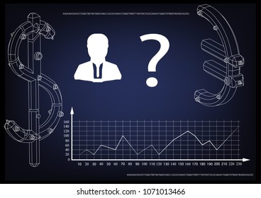 3d model of a dollar and euro on a blue background. Infographics