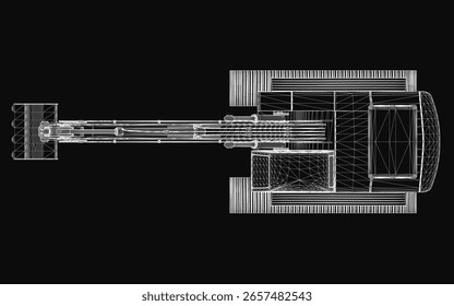 Um modelo 3D de uma escavadora sobre um fundo preto, com braços articulados, pistões hidráulicos e superfícies texturizadas. O design em estilo blueprint destaca componentes mecânicos detalhados