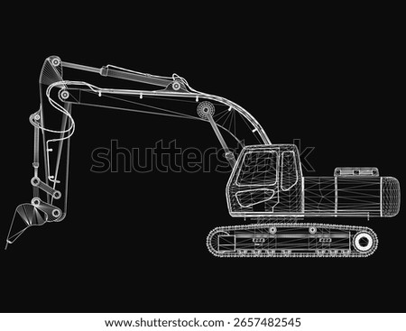 A 3D model of an excavator on a black background, showcasing detailed mechanical components and blueprint-style design. The machine features articulated arms, hydraulic pistons, and textured surfaces.