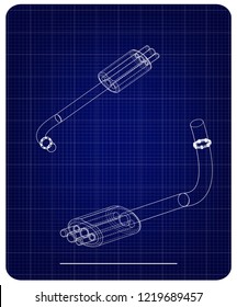 3d model of the exhaust pipe on a blue background. Drawing