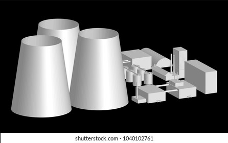 3d model, factory layout,  power station in an projection 3d illustration of industrial building or factory over black background. nuclear power plant layout, vector illustration