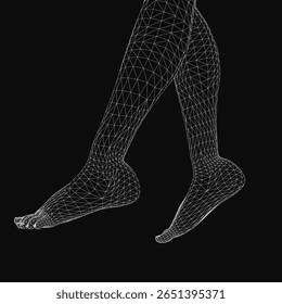 Um modelo 3D de pernas femininas em estilo de arame poligonal baixo, mostrando anatomia detalhada contra um fundo preto. O design geométrico destaca a estrutura muscular e a forma com bordas limpas.