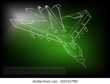 3d model of a fighter on a green background. Drawing