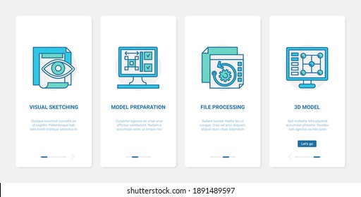 3d model file processing design vector illustration. UX, UI onboarding mobile app page screen tech set with line process of document preparation, visual sketching, designing and modelling technology