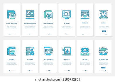 3d model file processing technology vector illustration. UX, UI onboarding mobile app page screen set with line robotic process of packaging, settings and visual preparation of tech resources
