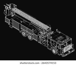A 3D model of a fire truck displayed as a blueprint on a black background, highlighting key components like the engine, ladder, and detailed vehicle structure.