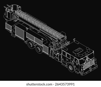 3D model of a fire truck on a black background, showcasing a detailed blueprint with visible headlights, grille, wheels, and emergency lights. The design highlights the vehicle's structure
