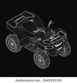 A 3D model of a four-wheeler ATV with a realistic wireframe structure, rendered in high detail on a sleek black background. The design highlights the vehicle's rugged features and dynamic angles