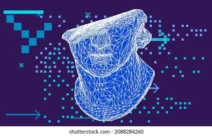 3D model of a Fragmentary colossal head of a youth sculpture in cyberpunk retrowave style. Bust made of polygonal particles. Vector illustration.