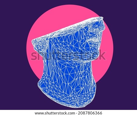 3D model of a Fragmentary colossal head of a youth sculpture in cyberpunk retrowave style. Bust made of polygonal particles. Vector illustration.