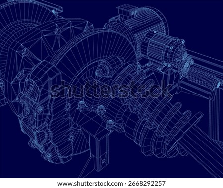 A 3D model of a gearbox with intricate wireframe details, showcasing internal components and mechanical design. The electric motor is highlighted against a clean blue background.