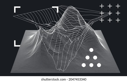 3D model of a glitched surface. Abstract vector background with distorted wireframe grid.