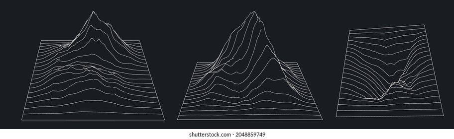 3D model of a glitched surface. Abstract vector background with distorted wireframe grid.