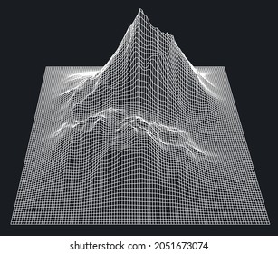 3D model of a glitched surface. Abstract vector background with distorted wireframe grid.