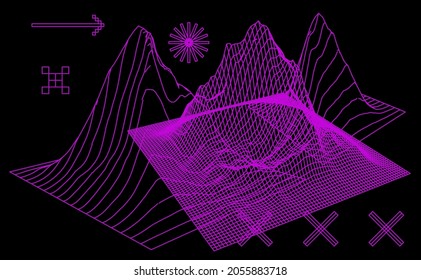 3D model of a glitched surface. Abstract vector background with distorted wireframe grid.