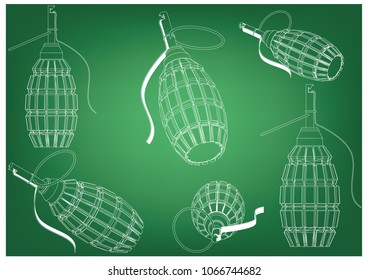 3d model of a grenade on a green background. Drawing
