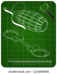 3d model of grenades and handcuffs on a green background. Drawing