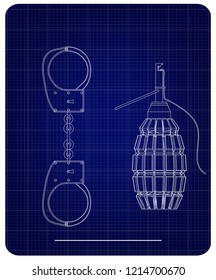 3d model of grenades and handcuffs on a blue background. Drawing
