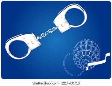 3d model of grenades and handcuffs on a blue background. Drawing