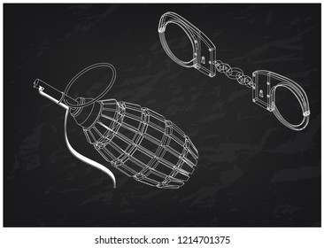 3d model of grenades and handcuffs on a black background. Drawing