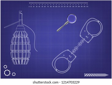 3d model of grenades and handcuffs on a blue background. Drawing