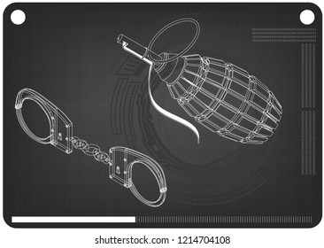 3d model of grenades and handcuffs on a black background. Drawing