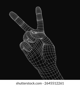 A 3D model of a hand forming a peace sign, with fingers spread and thumb extended, rendered in realistic detail. The skin texture and finger creases are finely crafted, emphasizing natural anatomy.