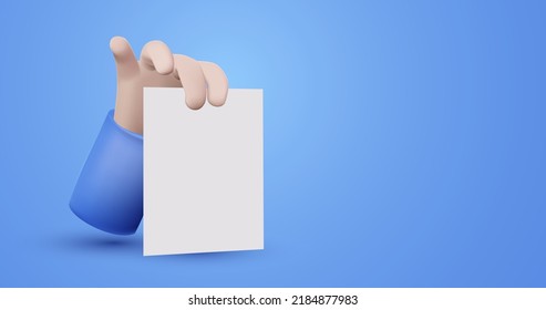 3D model hand holding white paper. Vector illustration