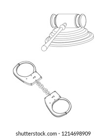 3d model of handcuffs and judge's gavel on a white background