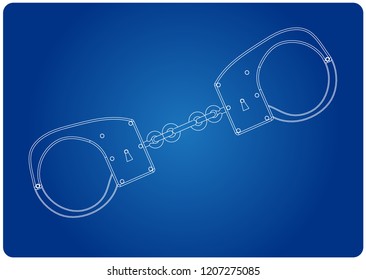 3d model of handcuffs on a blue background. Drawing
