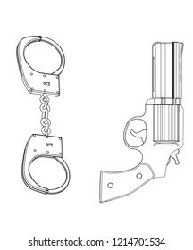 3d model of handcuffs and a revolver on a white background. Drawing
