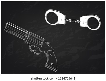 3d model of handcuffs and a revolver on a black background. Drawing