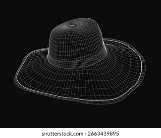 A 3D model of a hat with realistic texture and shading, displayed on a sleek black background. The wireframe structure highlights the hat's detailed design and contours.