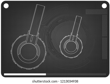 3d model of headphone on a black background. Drawing