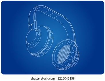 3d model of headphone on a blue background. Drawing