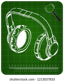 3d model of headphone on a green background. Drawing