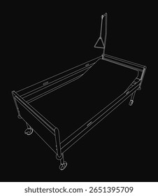 A 3D model of a hospital bed with clean lines and detailed structure, rendered on a black background. The sketch highlights the bed's frame, mattress, and adjustable features.