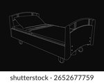 A 3D model of a hospital bed with a white pillow, rendered in high detail against a sleek black background. The clean design highlights medical equipment simplicity.