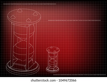 3d model of an hourglass on a red background. Drawing