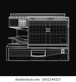 Um modelo 3D de uma casa sobre um fundo preto exibe um plano detalhado com elementos arquitetônicos claros. O design inclui medidas precisas, linhas limpas e um layout profissional.