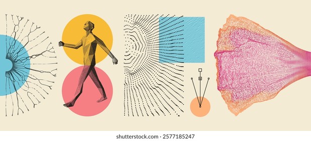 3D model of a human body stepping forwards. Array with dynamic emitted particles. Water splash imitation. Circle frame element. 3D vector for brochure, poster, presentation, cover, flyer or banner.